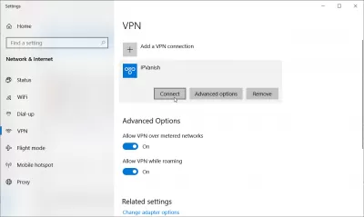 วิธีการตั้งค่า VPN บน Windows 10 : รายการการตั้งค่า VPNS บนเมนูการเชื่อมต่อในตัว Windows 10 ที่ติดตั้ง ipvanish บนคอมพิวเตอร์แล้ว